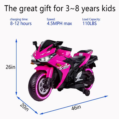 HNH 12V Pink Motorcycle, Ride on Motorcycle for Kids 3-8 Yeas, Battery Powered Motorbike with Light Wheels and Bluetooth, 4Mph