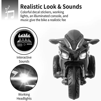 HNH 12V Ride On Motorcycle for Boy, 4Mph Battery Powered Motorcycle for Kids with LED Lights, Music, Gift for Children
