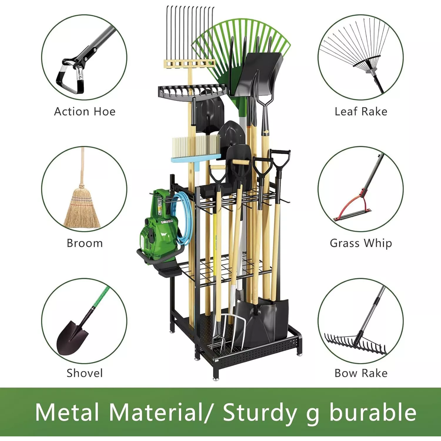 Cheelom Garden Tool Organizer , Utility Storage Racks with Hooks, Metal Yard Tool Stand Holder Organizer for Outdoor, Yard, Black