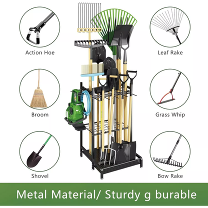 Cheelom Garden Tool Organizer , Utility Storage Racks with Hooks, Metal Yard Tool Stand Holder Organizer for Outdoor, Yard, Black