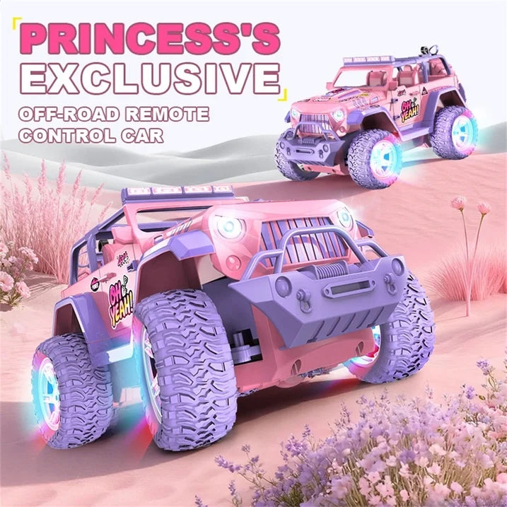 HNH 1:16 Remote Control Car for Kids, Pink Monster Truck with DIY Sticker, Colorful Wheel Light, Spray, Off Road Trucks for Girl Age 4-12 Birthday Gift