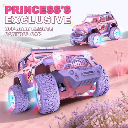 HNH 1:16 Remote Control Car for Kids, Pink Monster Truck with DIY Sticker, Colorful Wheel Light, Spray, Off Road Trucks for Girl Age 4-12 Birthday Gift