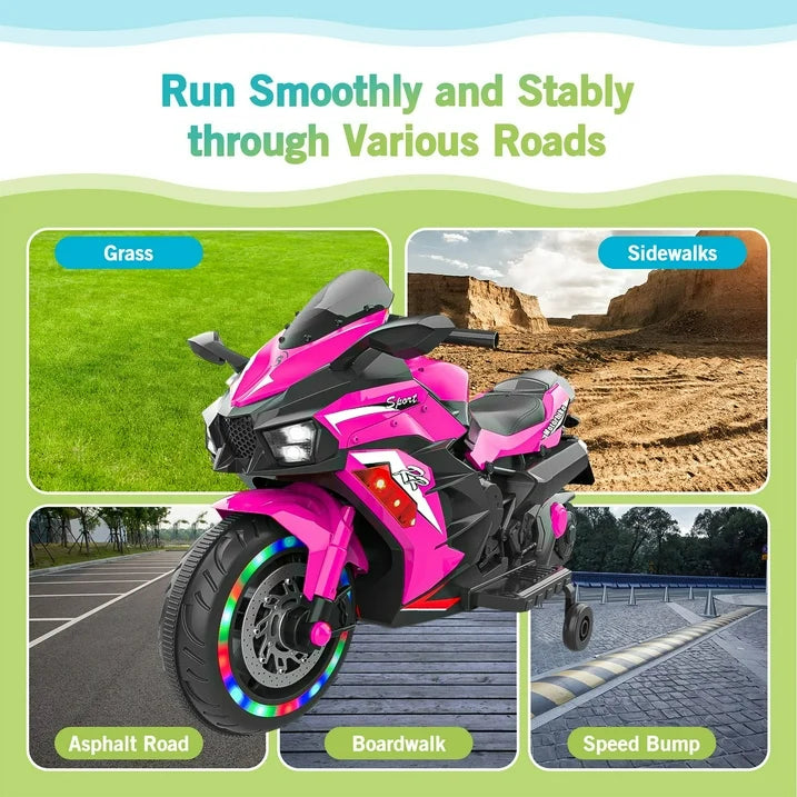 Werseon 12V Kids Ride On Motorcycle, Battery Powered Electric Motorcycle for Kids, Ride on Toy with LED Light Wheels, MP3, Bluetooth, Pink