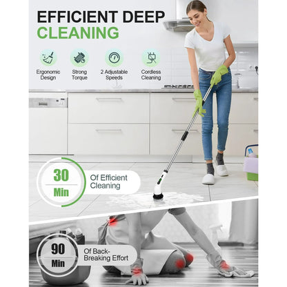 TECHVIDA Electric Spin Scrubber, Cordless Cleaning Brush, Shower Cleaning Brush with 9 Brush Heads 2H Power Dual Speed, Adjustable Extension Handle, IPX7 Waterproof for Tub Tile Floor Car, White