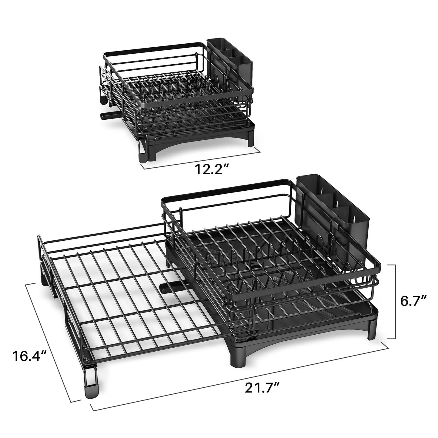 Werseon Expandable Dish Drying Rack, Large Dish Rack for Kitchen Counter, Stainless Steel Dish Drainer with Drainboard, Rustproof Over Sink Drying Rack with Utensil Holder, Black