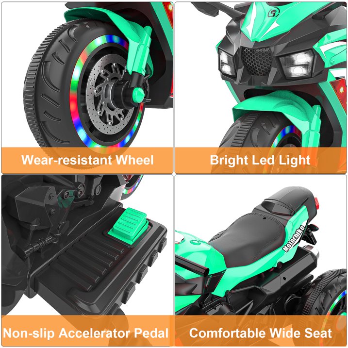 Cheelom 12V Kids Electric Motorcycle/ Ride on Motorbike, Three lighting Wheels Music,LED，Buletooth，Green