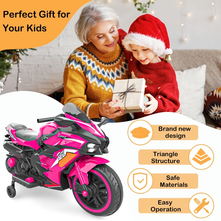 YOMYM 12V Ride on Motorcycle for Kids, Battery Powered 2 Wheels Motorcycle Toy with Bluetooth, Music, Light-