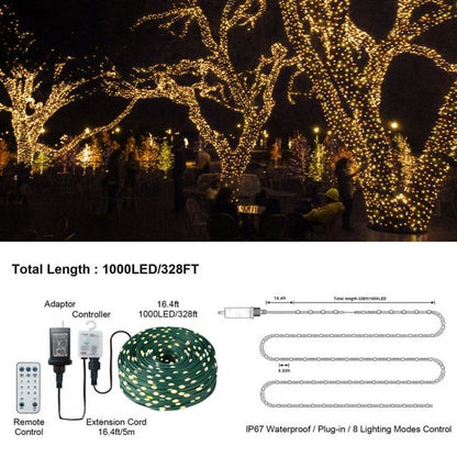 Cheelom Rope Party Decoration Lights Christmas Icicle Lights Outdoor Indoor 328 ft 1000 Led 8 Modes Timer Memory Function IP 67 Waterproof Clearance Sales