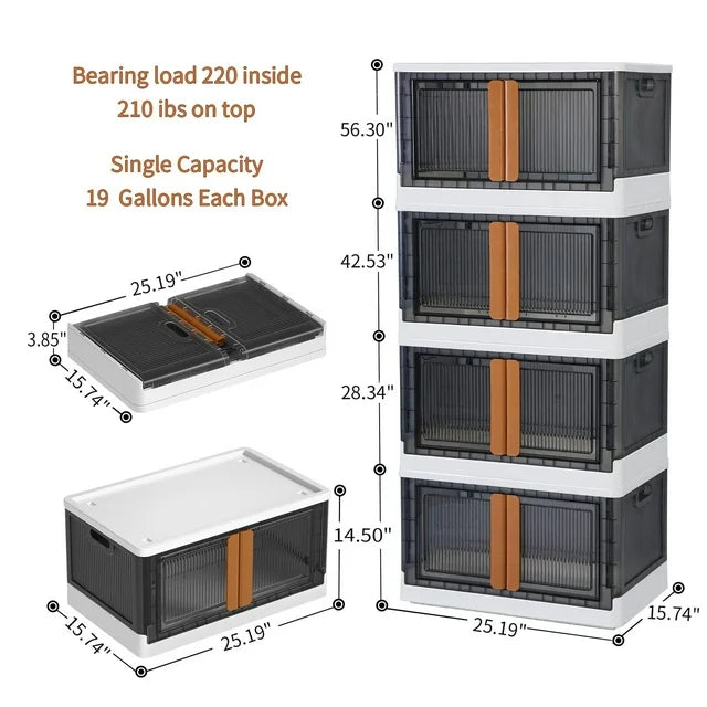 Techvida 19 gal Folding Storage Box, Collapsible Storage Bins with Lids, Stackable Plastic Closet Organizer, 4 Pack