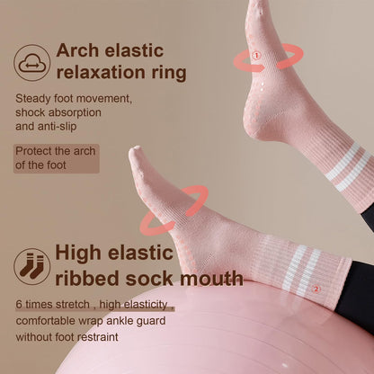 YOMYM 4 Pairs Non Slip Pilates Socks with Grippers for Women, Crew Yoga Barre Socks, Hospital Socks with Grips, Sticky Socks for Barefoot Workout, Sizes 6-9