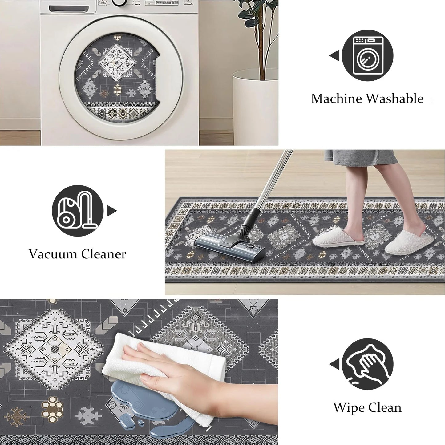 TECHVIDA Kitchen Rug Set 3 Piece,Non Slip Machine Washable Kitchen Mats,Farmhouse Hallway Doormat for Home Floor and Living Room,Gray