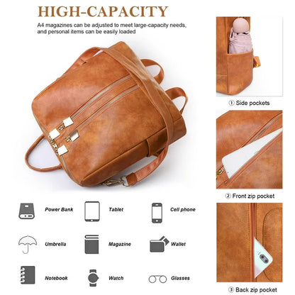 BATE Women's Backpack, Large Capacity Backpack,Leather Handbags and Shoulder Bag Travel Bags,Brown
