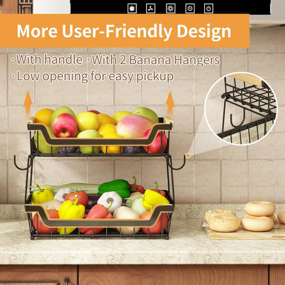 WERSEON 2 Tier Fruit Basket with Hooks for Kitchen Countertop, Detachable Metal Fruit Vegetable Storage Basket Stand Holder with Wooden Handle