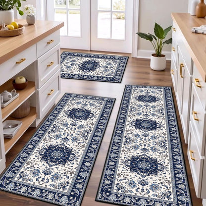 TECHVIDA Kitchen Rugs 3 Piece Set,Non Slip Machine Washable Kitchen Mats,Boho Vintage Abstract Kitchen Carpet for Farmhouse Living Room Hallway
