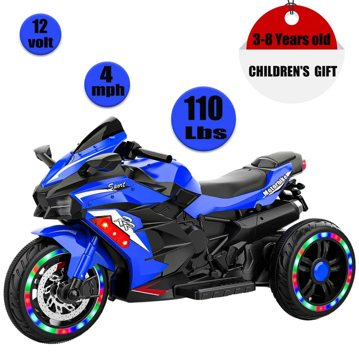 HNH Kids Motorcycle Ride On Car with 3 Wheel, 12V Electric Motorbike for Kids, LED Tire and Bluetooth Music, Ride On Car Gift