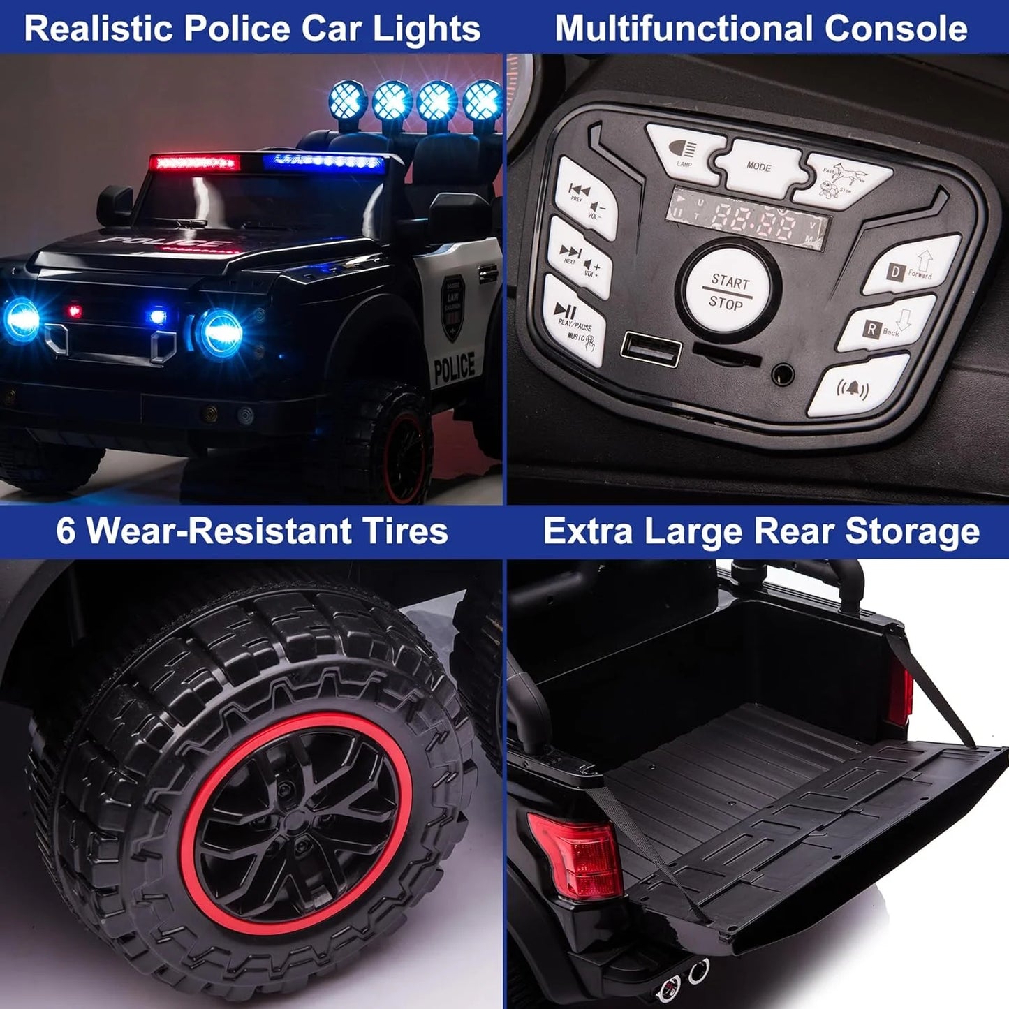 24V Electric Police Car for Kids 2 Seater, Ride on Toy for Big Kids with Remote Control, 400W Motors, 5mph Max Speed-Black