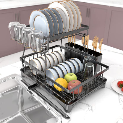Techvida 2-Tier Drying Dish Rack and Drain Board Set Metal Black