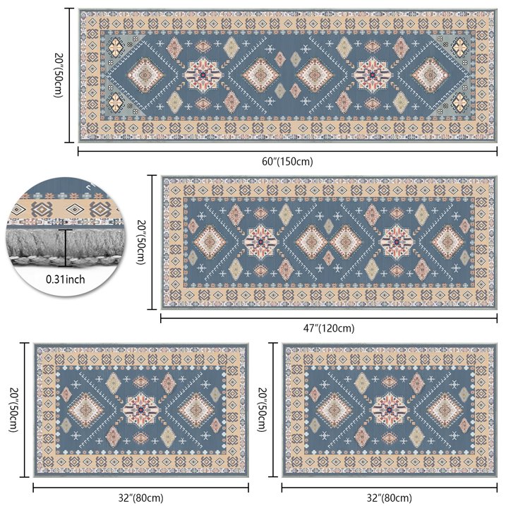 TECHVIDA Kitchen Rugs 4 Piece Set,Non Slip Machine Washable Kitchen Mats,Boho Vintage Abstract Kitchen Carpet for Farmhouse Living Room Hallway