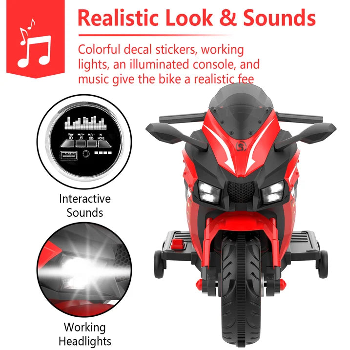 HNH 12V Ride on Motorcycle, Kids Motorcycle with Training Wheels, Electric Motorcycle with Music, Bluetooth, Lights