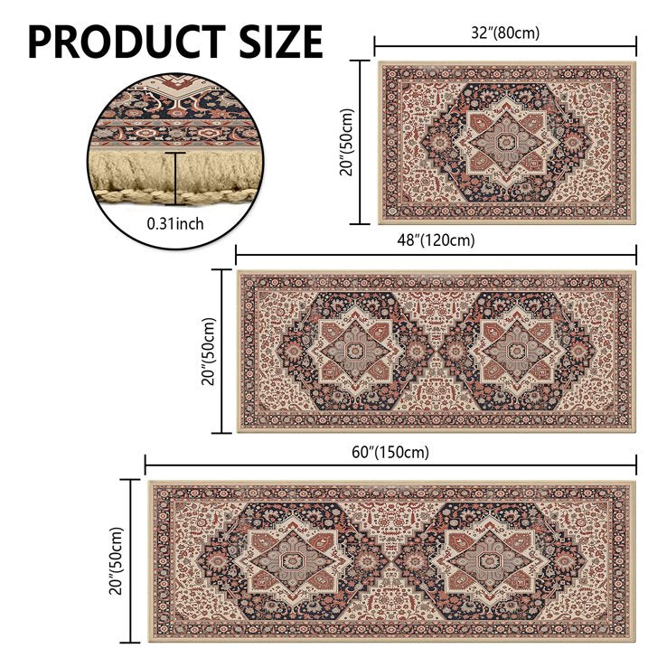 TECHVIDA Kitchen Rugs 3 Piece Set,Non Slip Machine Washable Kitchen Mats,Boho Vintage Abstract Kitchen Carpet for Farmhouse Living Room Hallway
