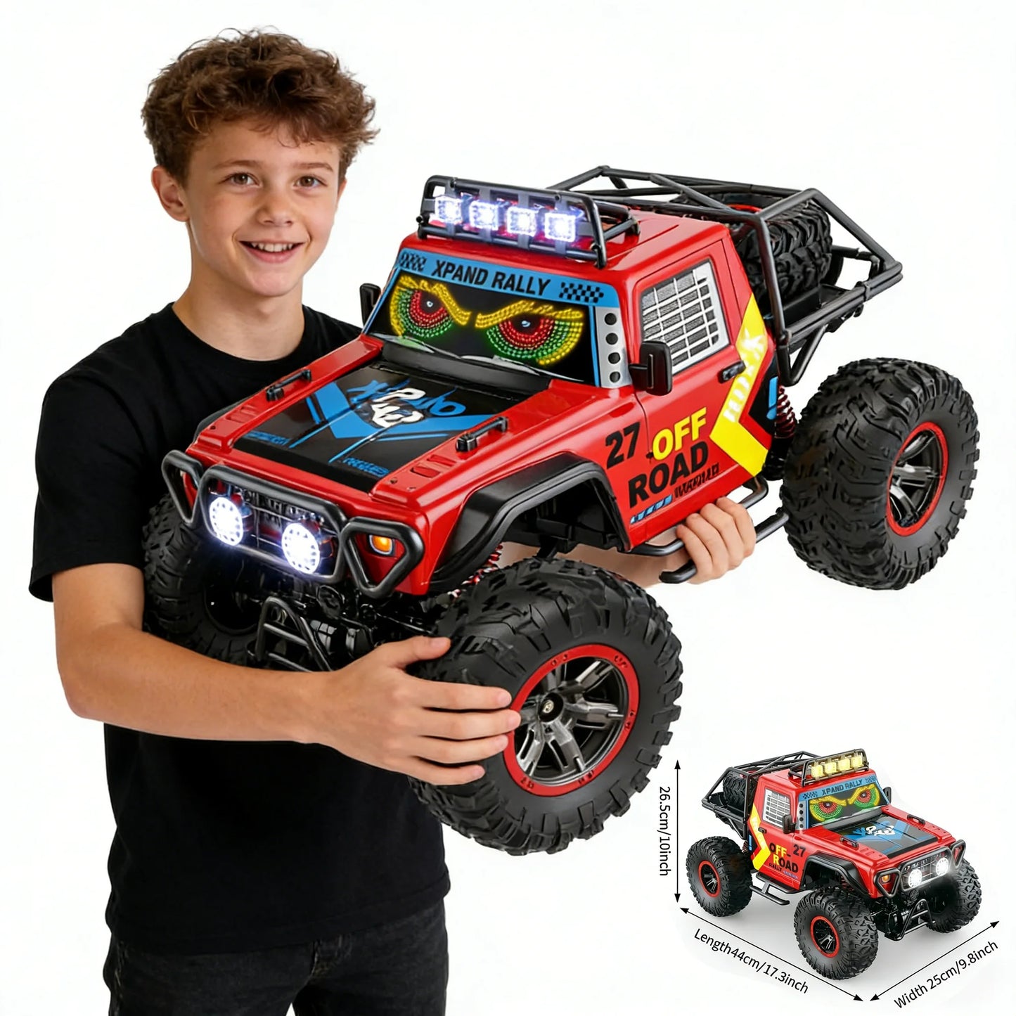HNH 1:10 Big Remote Control Car for Kids, 4WD Off Road Rc Car Monster Truck with LED Light, Music, 25KM/H, 2 Batteries