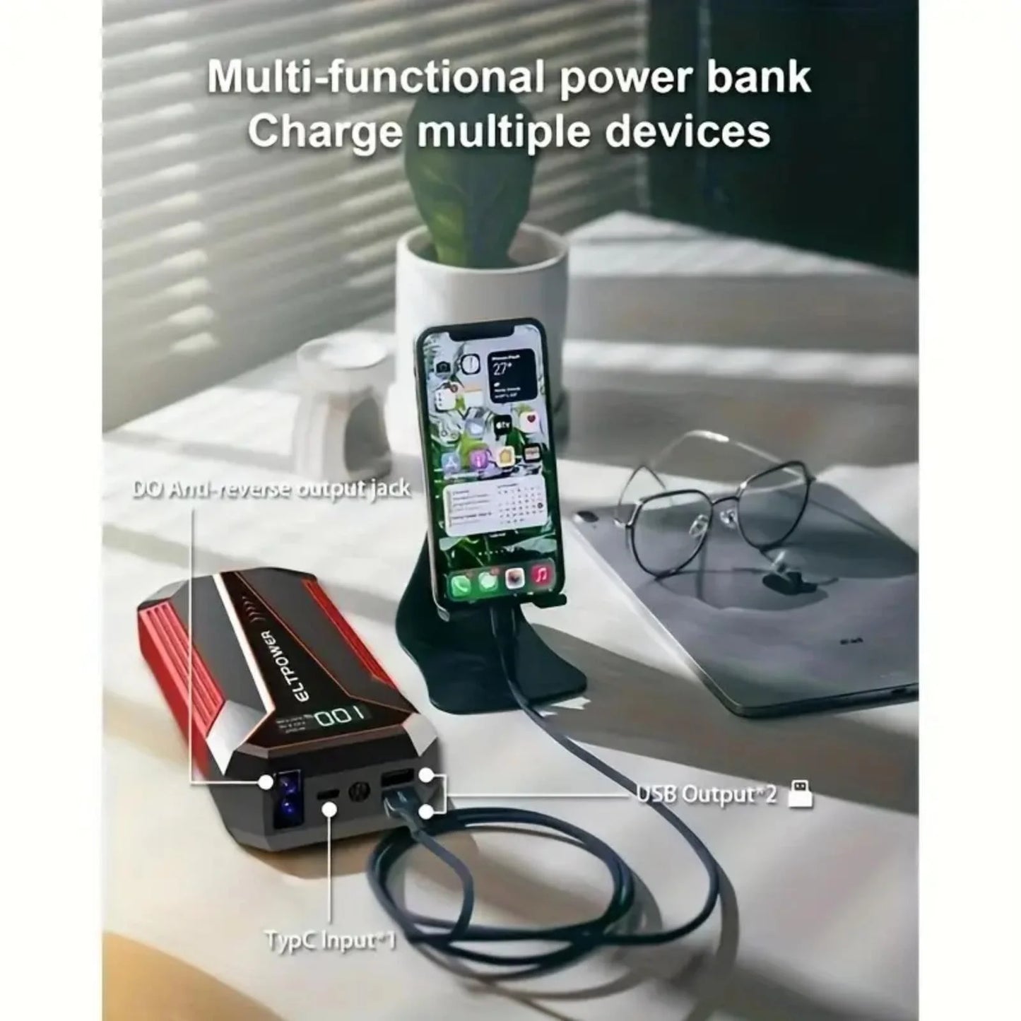 Bangben 20000mAh Car Battery Jump Starter with Dual USB Quick Charge and LED Light Black