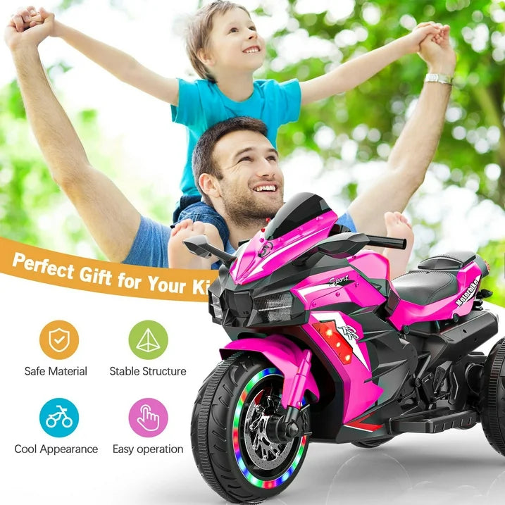 Cheelom 12V Kids Electric Motorcycle/ Ride on Motorbike, Three lighting Wheels Music,LED，Buletooth，Pink