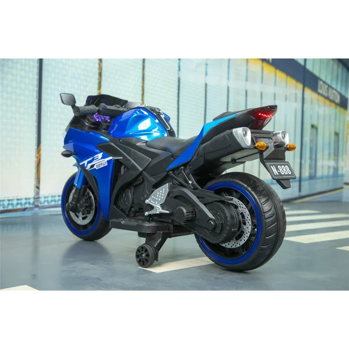 ZOGYMOZ Kid Motorcycle,12V Kids Electric Motorcycle with Training Wheels,Ride On Motorbike, Speed by Hand, Music Function, Max Load 88LB (Blue)