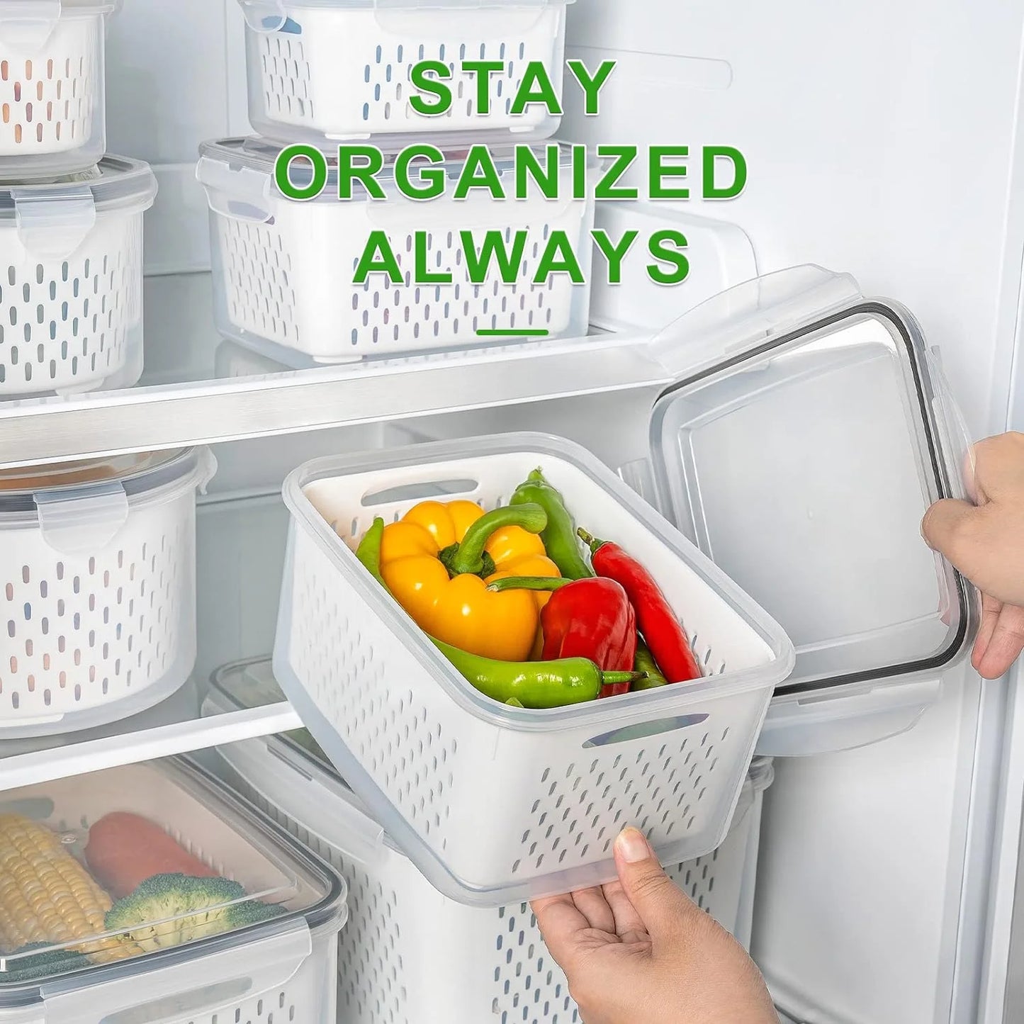 WERSEON 5 Pack Airtight Food Storage Containers for Fridge, 16L Pantry Kitchen Storage Containers with Lids, Freezer Safe Fruit Containers with Draining Basket