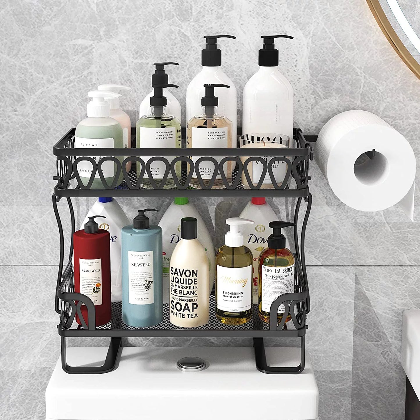 Werseon 2-Tier Over The Toilet Storage Shelf, Bathroom Organizer Over Toilet, Above Toilet Shelf with Toilet Paper Holder, Black