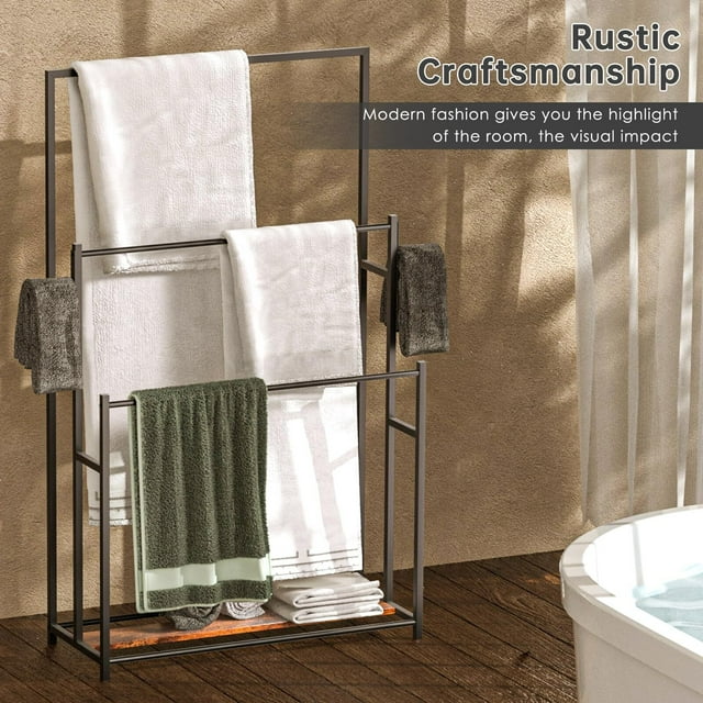 TECHVIDA Towel Racks for Bathroom, 3 Tiers Metal Towel Rack Standing, Freestanding Towel Holder for Bath Storage & Hand Towels, Blanket Holder, Next to Tub Shower, Pool Towel Racks Outdoor