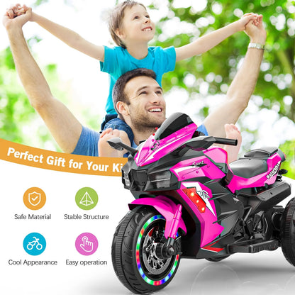 YOMYM 12V Ride on Motorcycle for Kids, Battery Powered 3 Wheels Motorcycle Toy with Bluetooth, Music, Light-pink