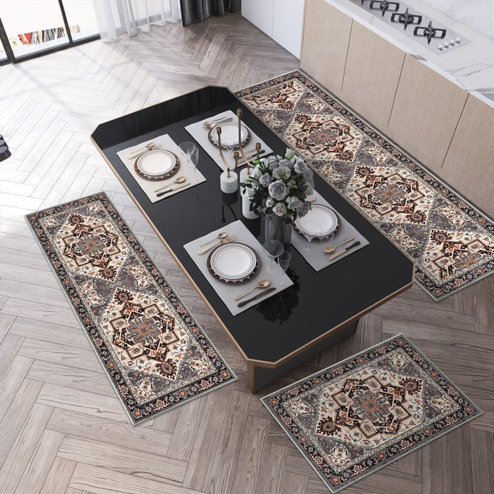 TECHVIDA Kitchen Rugs 3 Piece Set,Non Slip Machine Washable Kitchen Mats,Boho Vintage Abstract Kitchen Carpet for Farmhouse Living Room Hallway