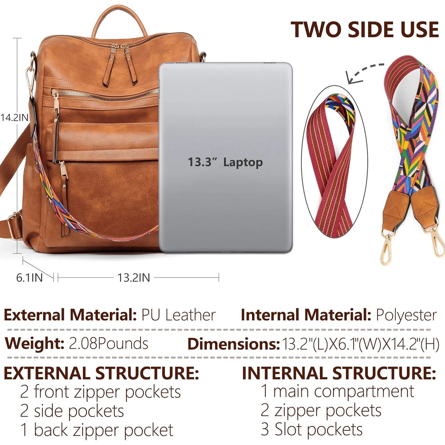 YOMYM Backpack Purse for Women Fashion Waterproof PU Leather School Backpack Convertible Shoulder Bags Brown