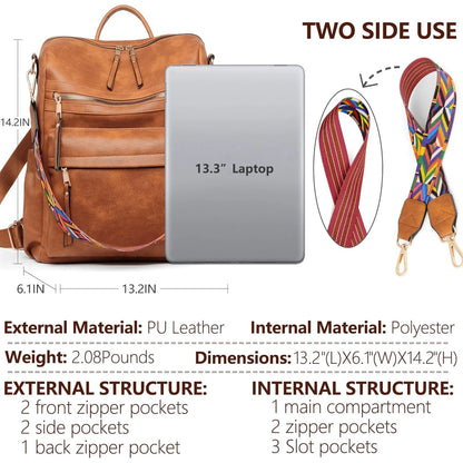YOMYM Backpack Purse for Women Fashion Waterproof PU Leather School Backpack Convertible Shoulder Bags Brown
