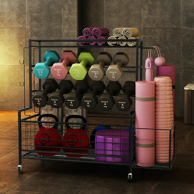 Techvida Dumbbell Rack, Balls Workout Equipment Storage Organizer Yoga Mat with Hooks and Wheels