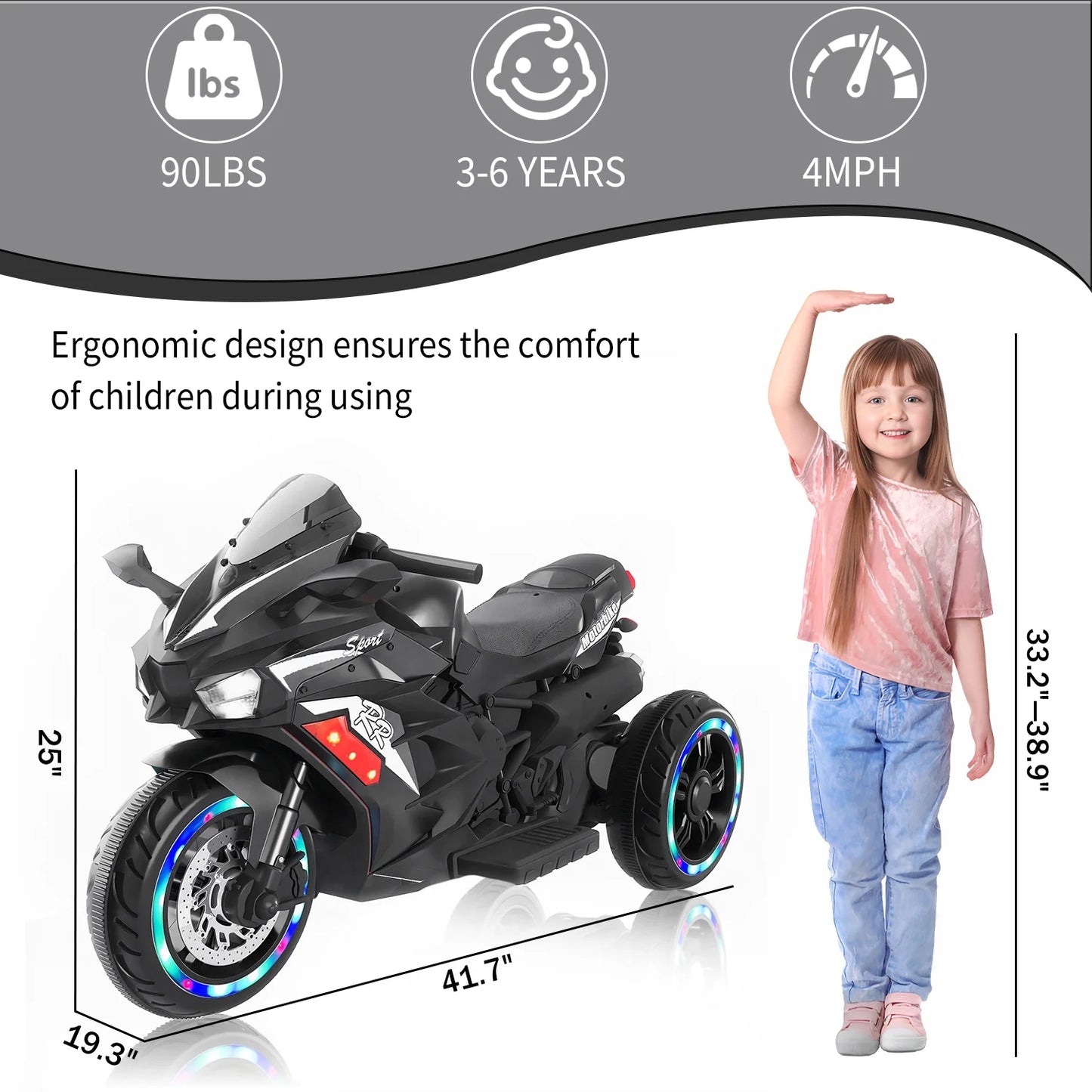 HNH 12V Ride On Motorcycle for Boy, 4Mph Battery Powered Motorcycle for Kids with LED Lights, Music, Gift for Children