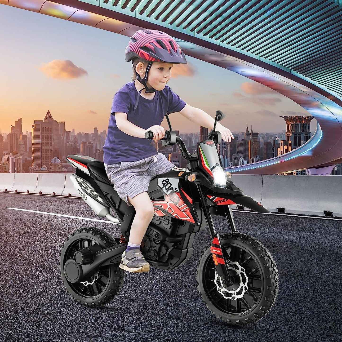 12V Kids Motorcycle, Licensed Aprilia Electric Motorcycle Ride On Toy w/Training Wheels, Spring Suspension, LED Lights, Sounds & Music, Battery Powered Dirt Bike for Boys & Girls, Red