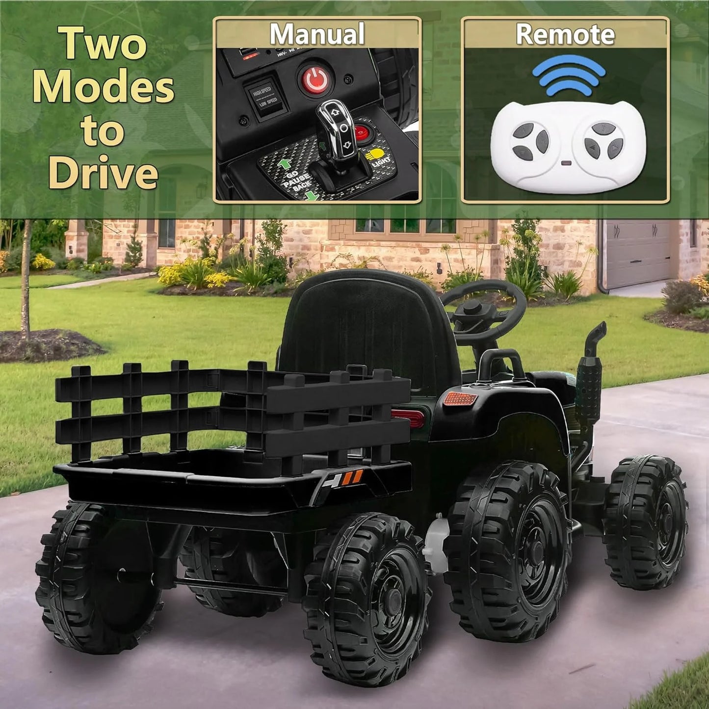 24V Kids Ride On Tractor with Trailer & Remote Control,Battery Powered Ride On Tractor Toy with 400W Motors,3-Speed Adjustable,Power Display, USB,Bluetooth Mp3,Led Light, Best Gift for Kids-Emerald