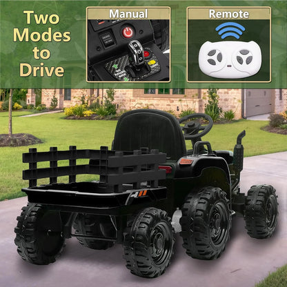 24V Kids Ride On Tractor with Trailer & Remote Control,Battery Powered Ride On Tractor Toy with 400W Motors,3-Speed Adjustable,Power Display, USB,Bluetooth Mp3,Led Light, Best Gift for Kids-Emerald