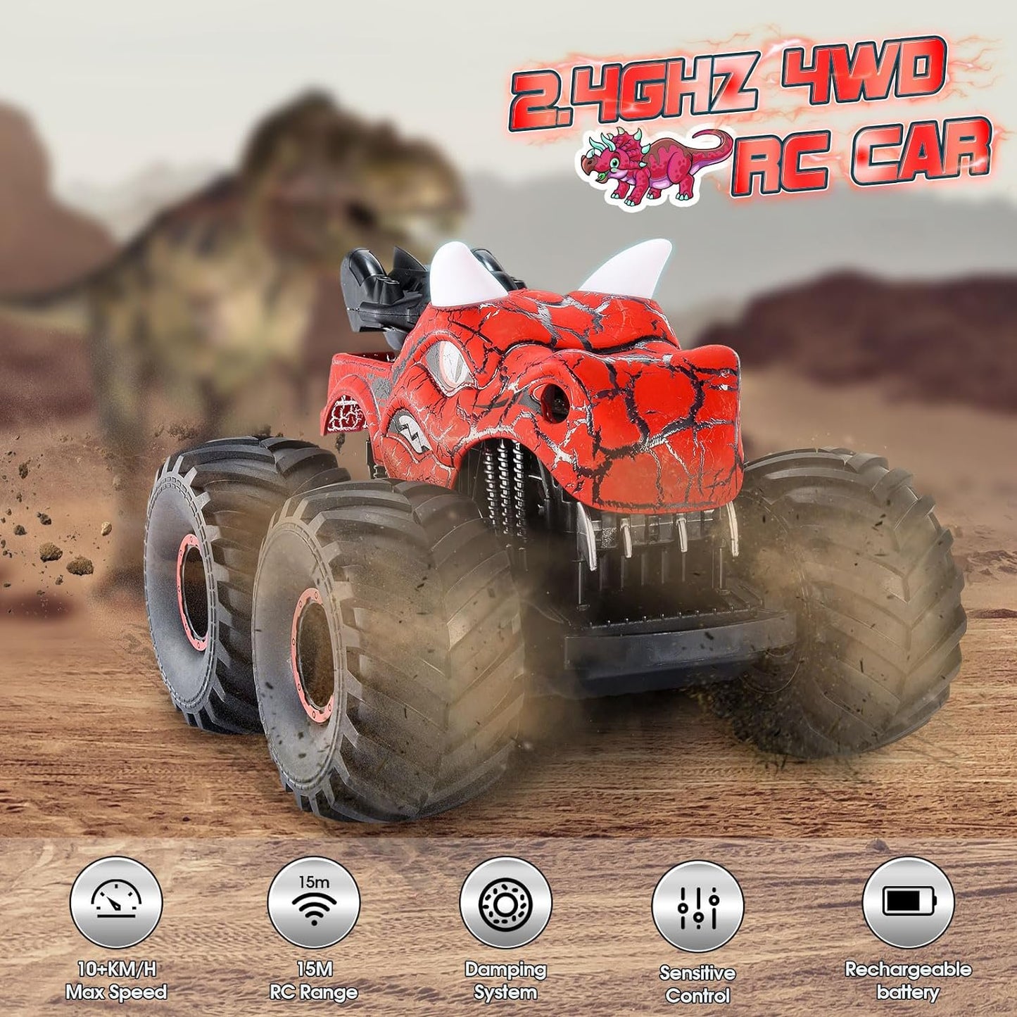 Remote Control Car, Monster Trucks RC Cars for Boys 4-12 with Spray, Light & Sound, Dinosaur Toys for Kids 3 4 5 6 7 8 with 2 Batteries, Gifts for Boys Girls