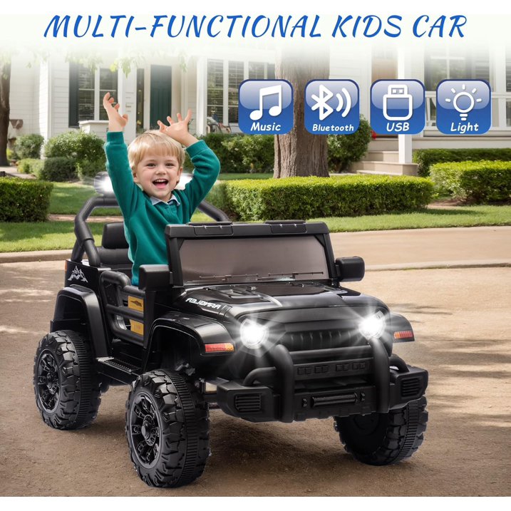 12V Ride on Truck Car for Kids with Parents Control, Ride on Toys for Toddlers with Music, Bluetooth, Four-Wheels Suspension, USB, Headlights, Black