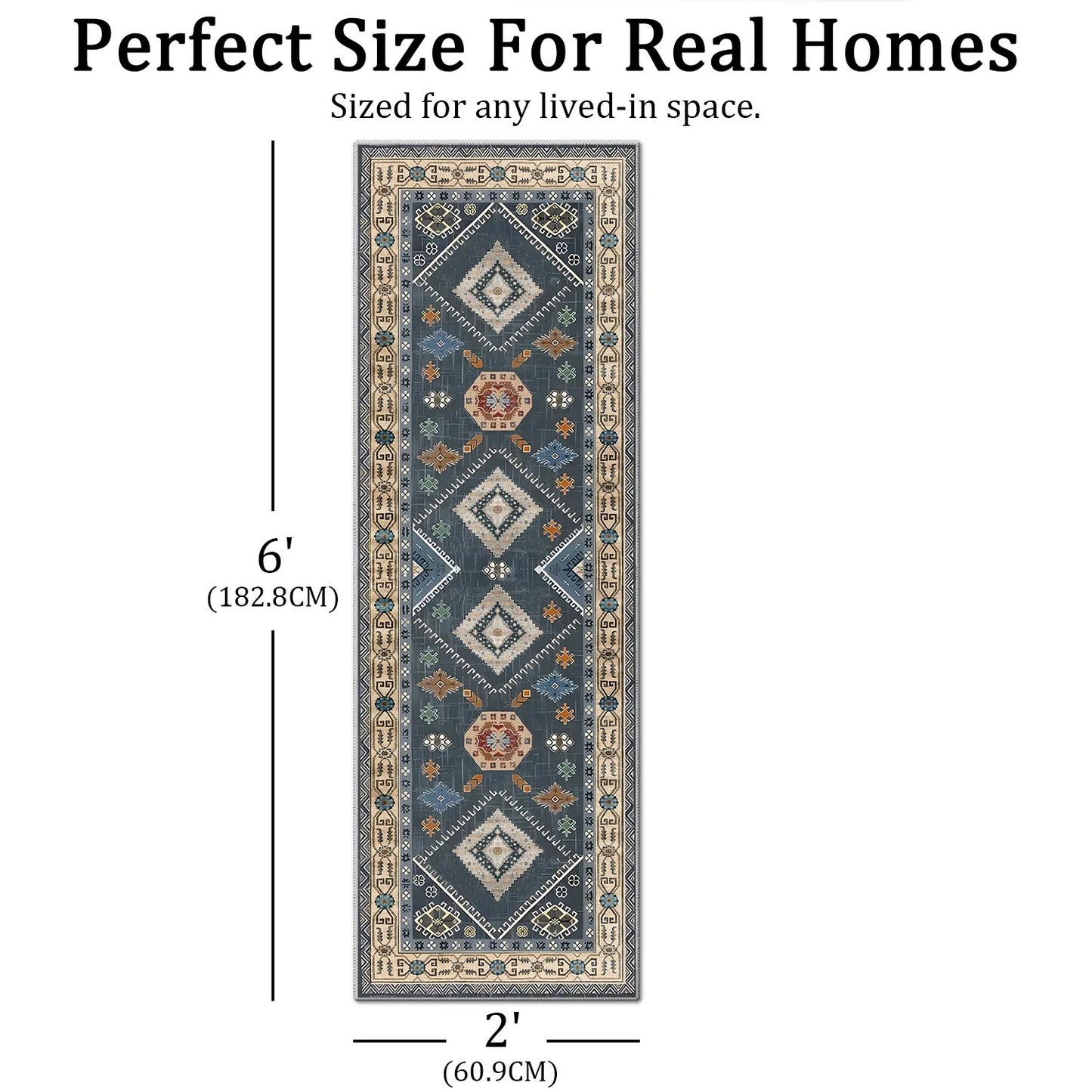 TECHVIDA 2'x6' Hallway Runner Rug Boho,Non Slip Machine Washable Rugs for Hallway Kitchen,Dark Blue