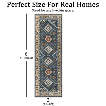TECHVIDA 2'x6' Hallway Runner Rug Boho,Non Slip Machine Washable Rugs for Hallway Kitchen,Dark Blue
