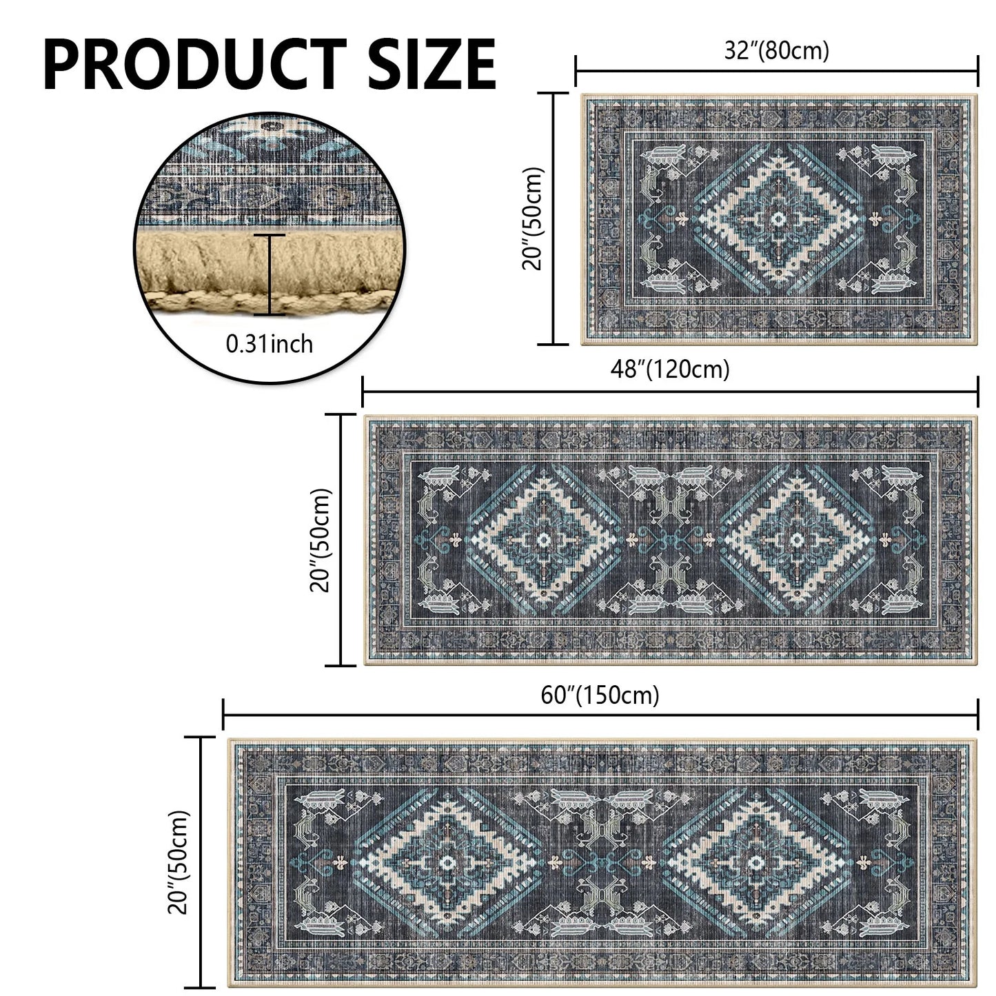 TECHVIDA Kitchen Rugs 3 Piece Set,Non Slip Machine Washable Kitchen Mats,Boho Vintage Abstract Kitchen Carpet for Farmhouse Living Room Hallway