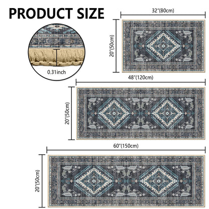 TECHVIDA Kitchen Rugs 3 Piece Set,Non Slip Machine Washable Kitchen Mats,Boho Vintage Abstract Kitchen Carpet for Farmhouse Living Room Hallway