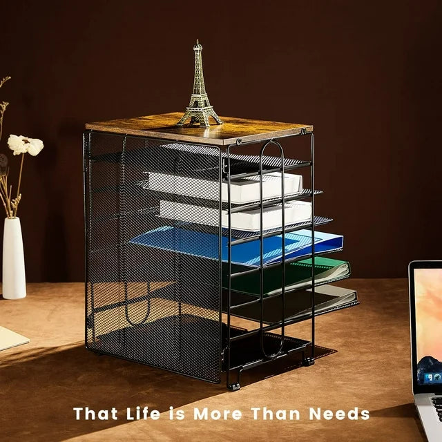 Lakecy 7-Tier Desk Organizer, Black, Letter Tray, Paper Tray, Wood Desk Organizer, for Home Office School