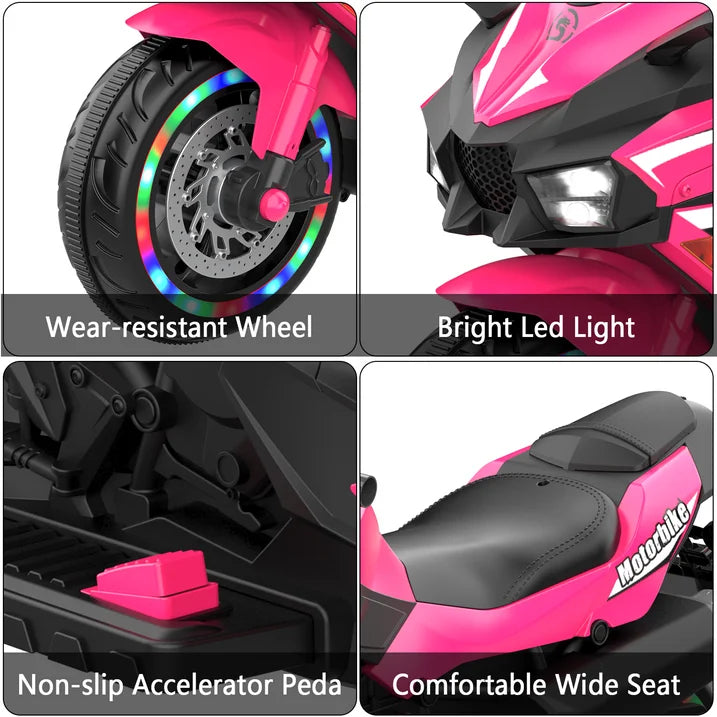 HNH 12V Ride on Toys for Girls, Electric Motorcycle Toys with Training Wheels, Powered Motorcycle with Music, Bluetooth, Lights
