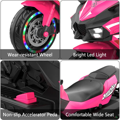 HNH 12V Ride on Toys for Girls, Electric Motorcycle Toys with Training Wheels, Powered Motorcycle with Music, Bluetooth, Lights