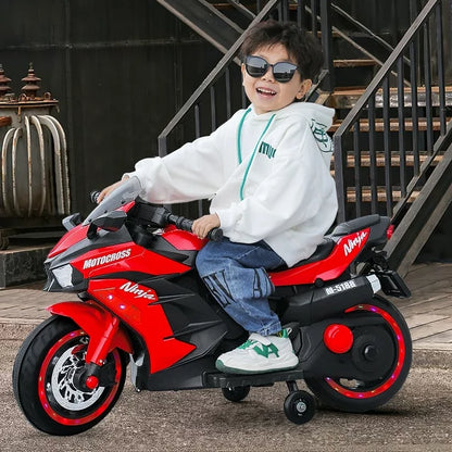 Techvida Electric Motorcycle for Kids, 12V Ride on Motorcycle with Hand Racing /Foot Brake/Light Wheel/PU seat , LED Lights and Music